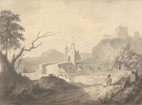 River Scene and Bridge with Artist Sketching in Foreground 1777