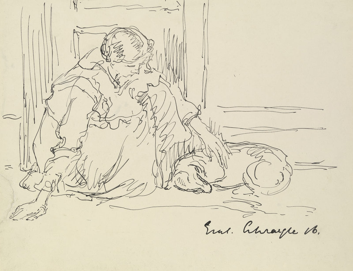 Crouching girl with dog 1916
