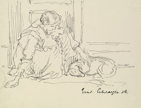 Crouching girl with dog 1916