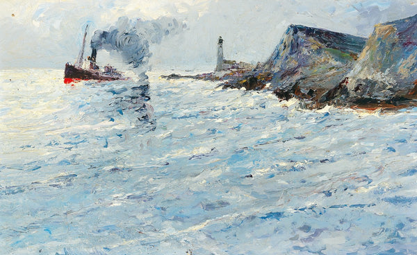 A steamboat in a landscape with lighthouse