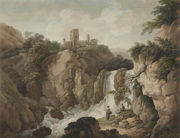 Felsige Landschaft mit Burgruine und Wasserfall