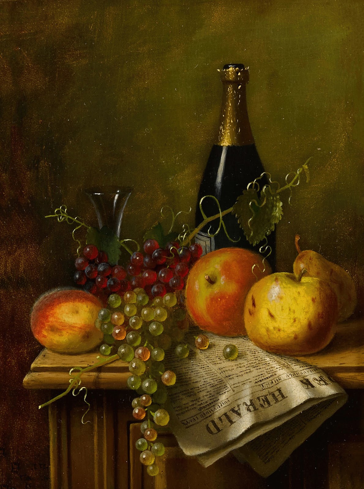 Still Life with Fruit Champagne Bottle and Newspaper 1881