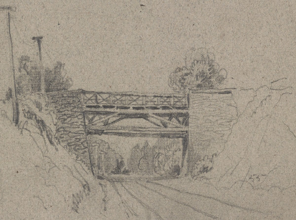 Bridge over railroad tracks with telegraph poles on the left 1855