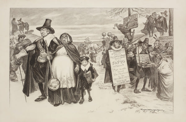 A crowd of people dressed as pilgrims walk inland with a ship in the background