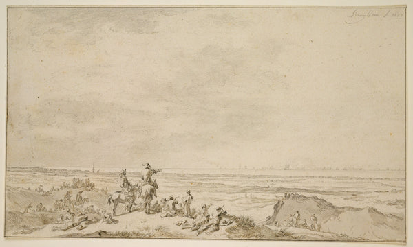 Dünenlandschaft mit Seeschlacht in der Ferne 1653