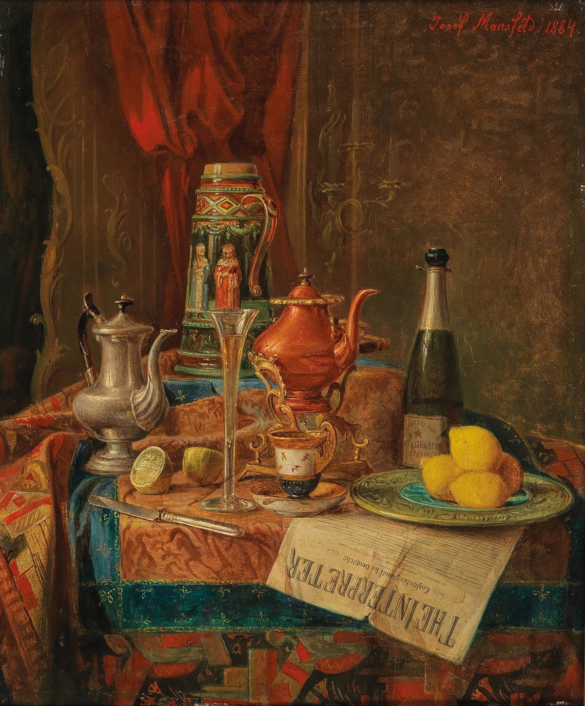 An Opulent Still Life with a Champagne Glass and a Majolica Ewer 1884