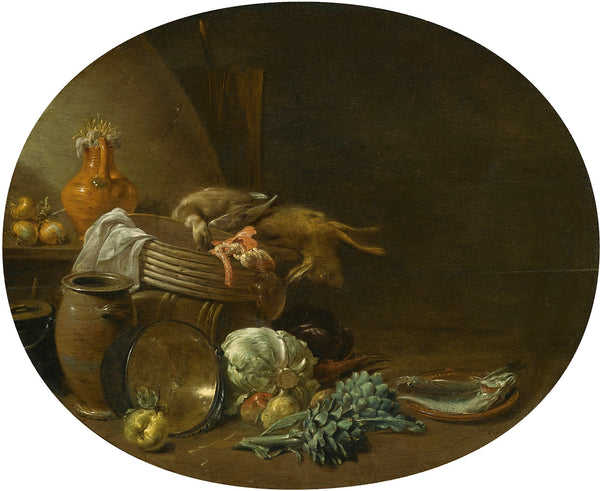 A Kitchen Still Life Of AHare A MallardArtichokes Cabbage Pears A Fish On An Ear