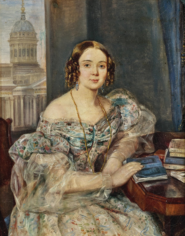 Portrait of a Young Lady with the Kazan Cathedral in St Petersburg in the Backgr
