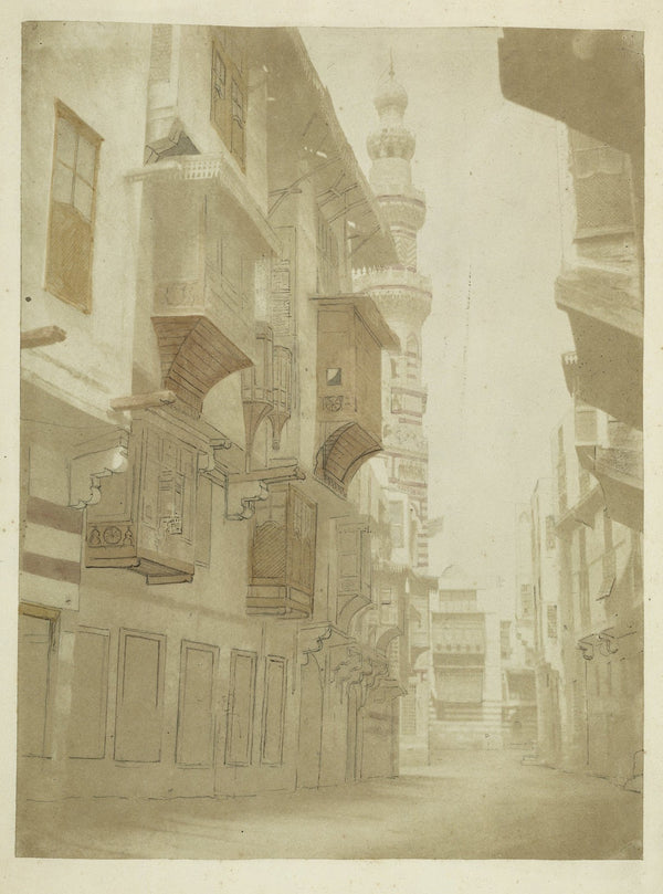 Gezicht op een straat met minaret in Cairo 1858 1860