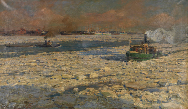Grüner Fährdampfer im Eis auf der Elbe Wintersonne 1902