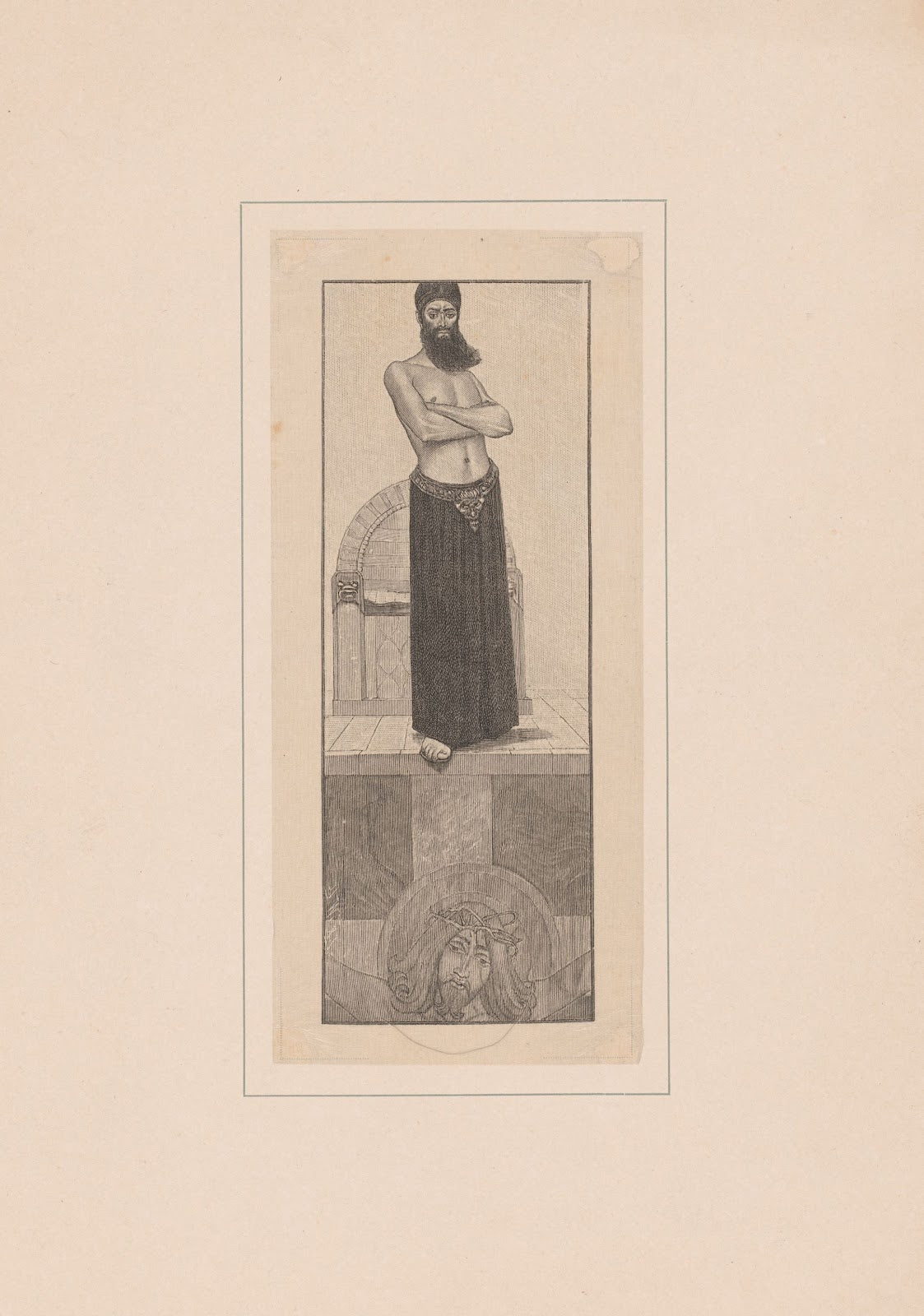 Man met baard voor een troon boven Christus aan het kruis