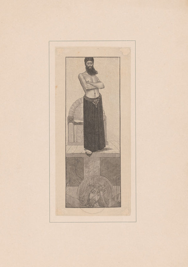 Man met baard voor een troon boven Christus aan het kruis