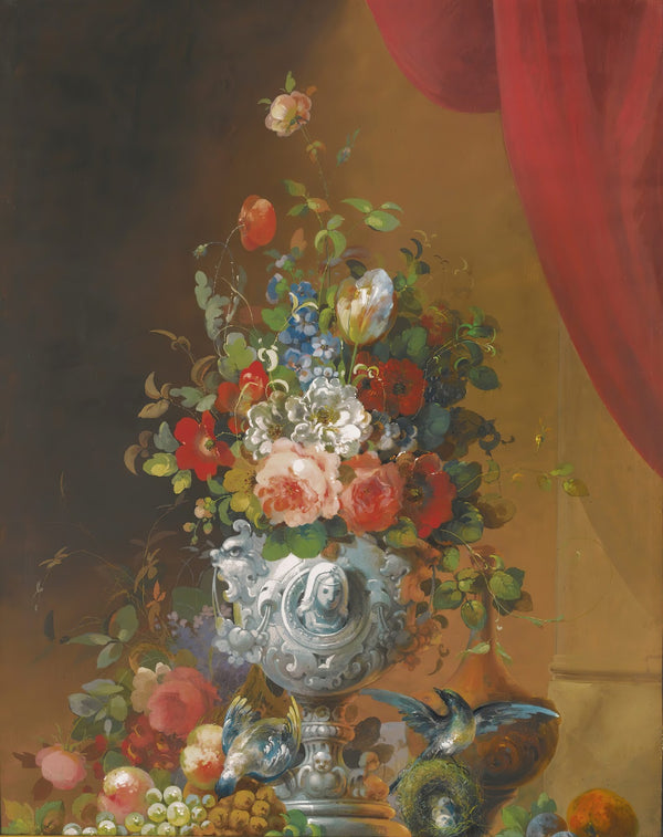 Still Life With Flowers In An Urn Birds And Fruit On A Ledge Below