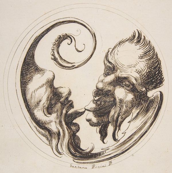 Two Grotesque Heads Facing One Another and Touching Tongues Within a Circle 1727