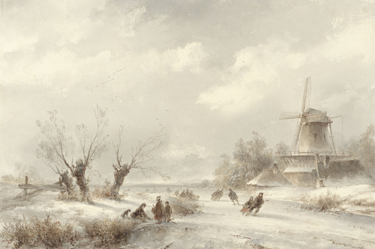 Winterlandschap met schaatsenrijders bij een molen 1827 1897