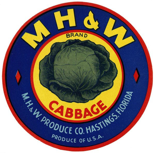 M H and W Brand Cabbage Label 1930 1950