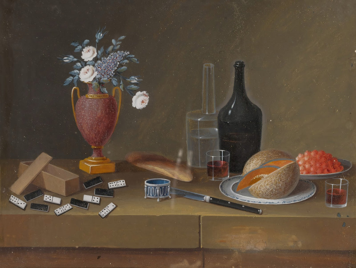 Still Life Of Dominos A Vase Of Flowers Bottles Fruit And Other Objects