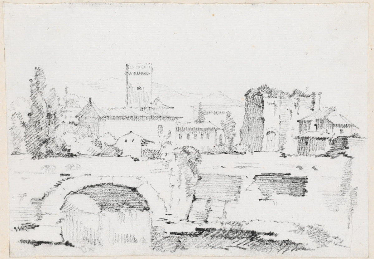An Italian Town with a Stone Bridge and a Waterfall 1744 1750