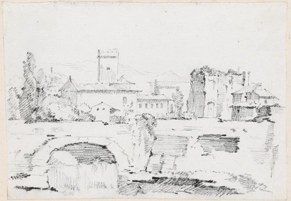 An Italian Town with a Stone Bridge and a Waterfall 1744 1750