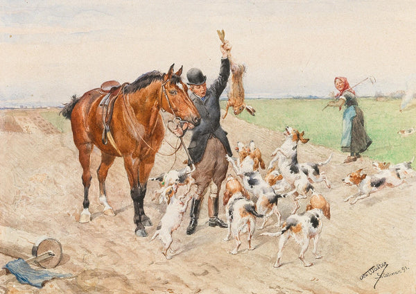 A rider with a dog pack on a field 1891