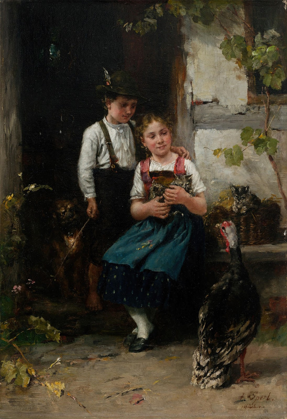 Geschwisterpaar mit Truthahn circa 1882