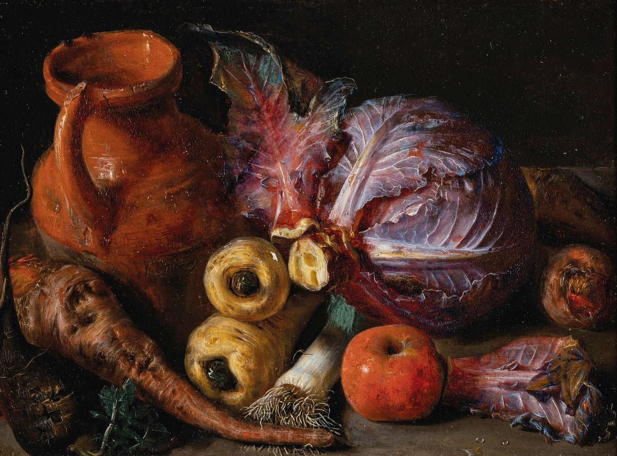 A jug a cabbage and carrots on a ledge