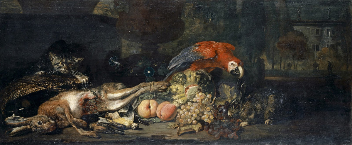 Still Life With Game And Fruits Parrot Rabbit And Cat