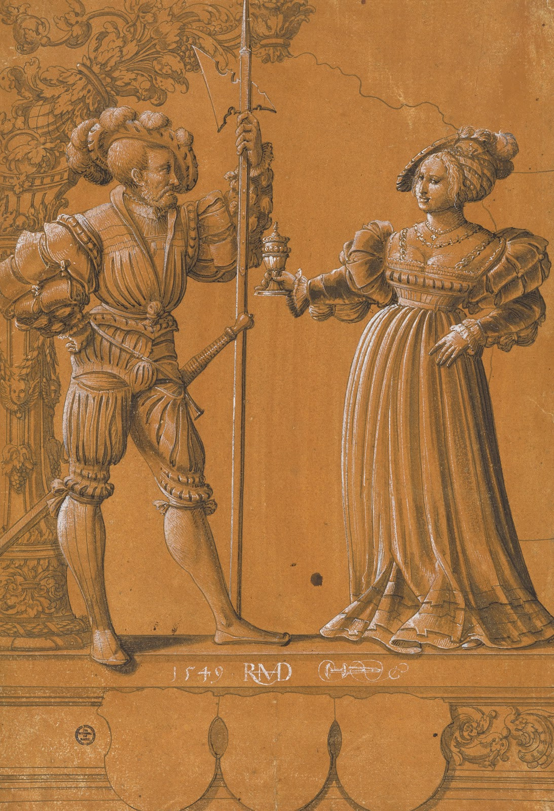 Scheibenriss mit Frau die einem Landsknecht den Willkommtrunk reicht 1549
