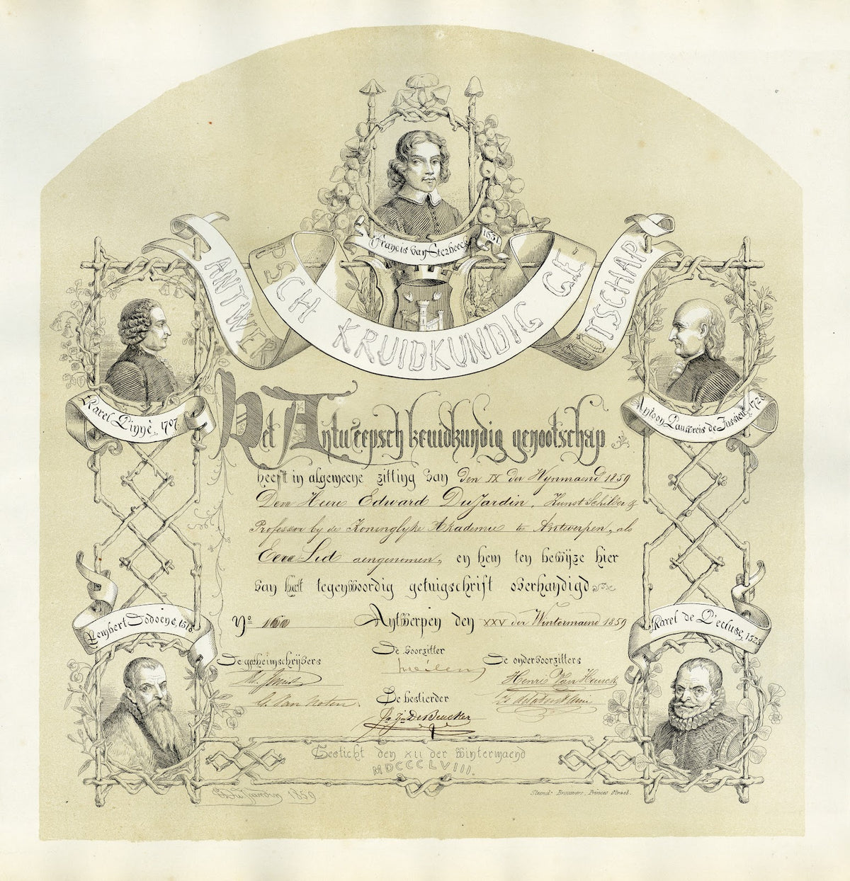 Diploma van het Antwerpsch kruidkundig genootschap 1859