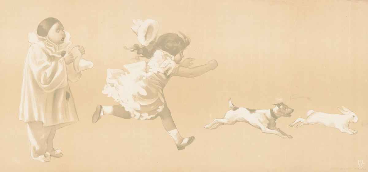 Girl chasing a dog who is chasing a rabbit while a clown looks on 1905