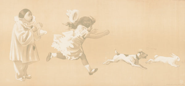 Girl chasing a dog who is chasing a rabbit while a clown looks on 1905
