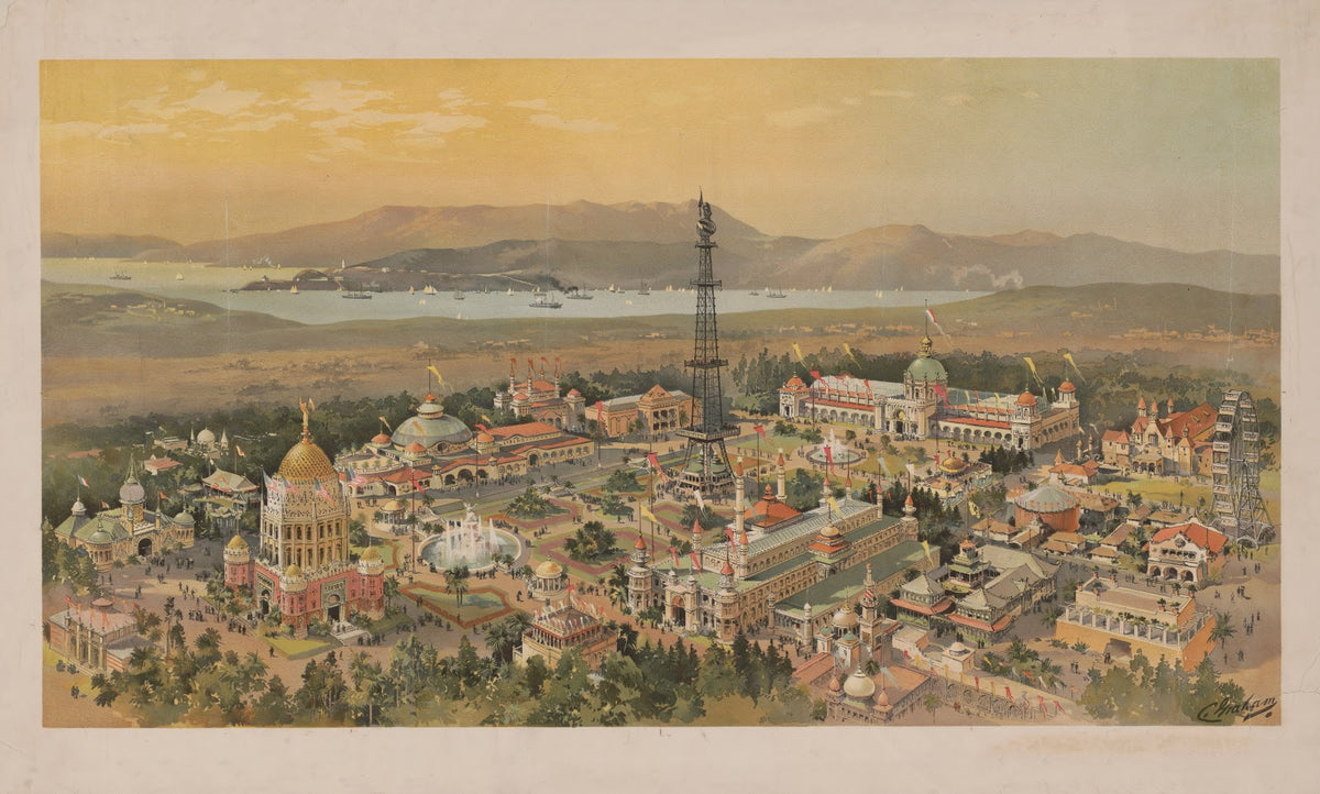 Panormic view of a section of the Chicago Worlds Fair with Ferris wheel 1894