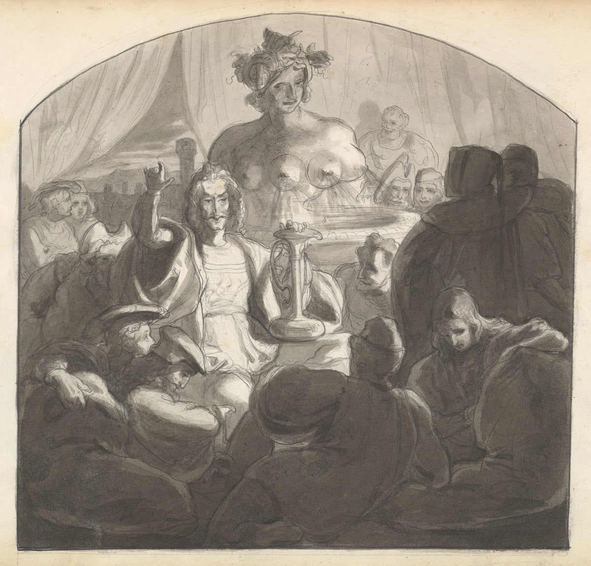 Speaker Addressing Male Figures Gathered at Night Around a Fountain ca 1849
