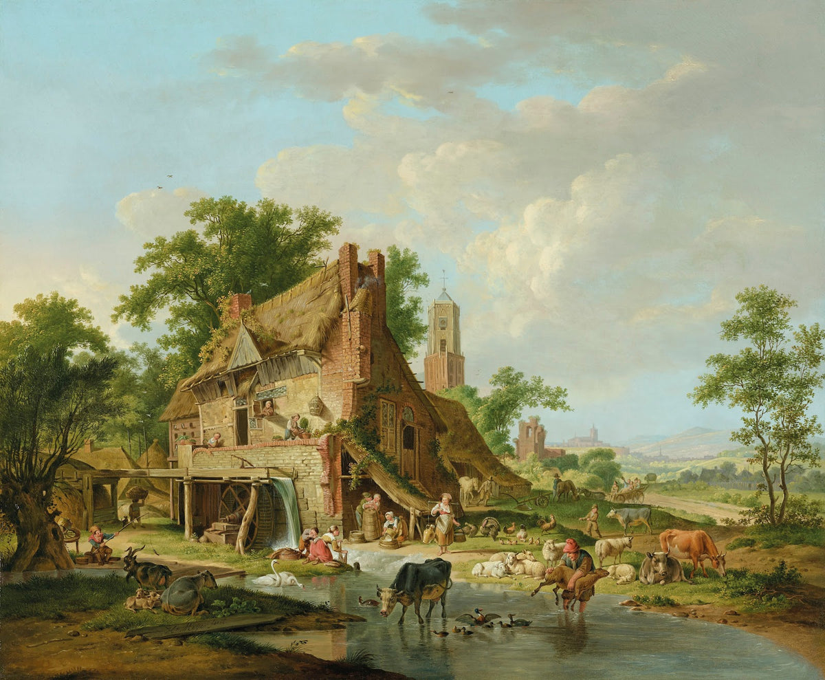 A watermill with farmyard animals and peasants a landscape beyond