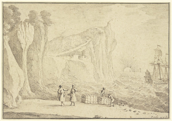 Meeresstrand an hohen Felsenufern auf welchem ein Leuchtturm und ein Schloß steh