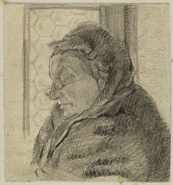 Portrait de femme âgée devant une fenêtre de profil vers la gauche
