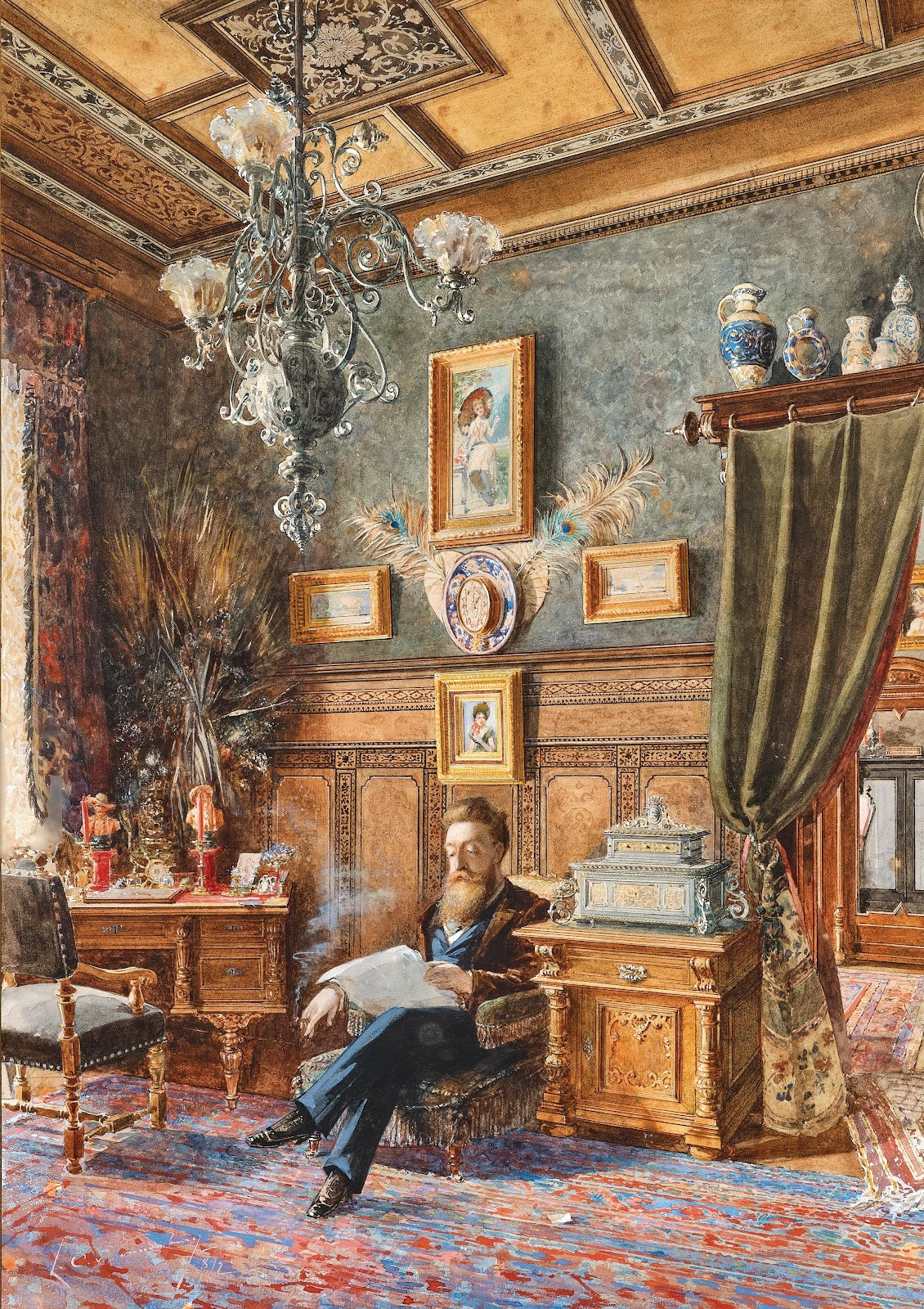 The interior of a villa with a gentleman seated in an armchair and smoking 1892