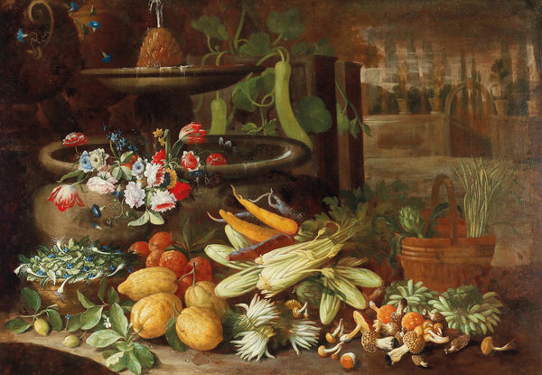 Flowers fruit and vegetables with mushrooms beside a fountain in a villa garden