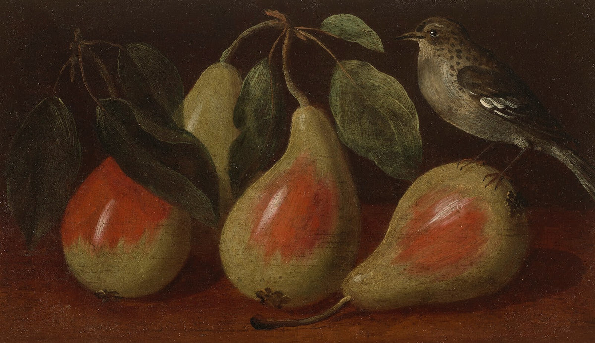 Three pears and a bird on a ledge
