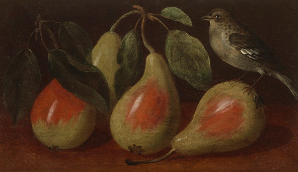 Three pears and a bird on a ledge