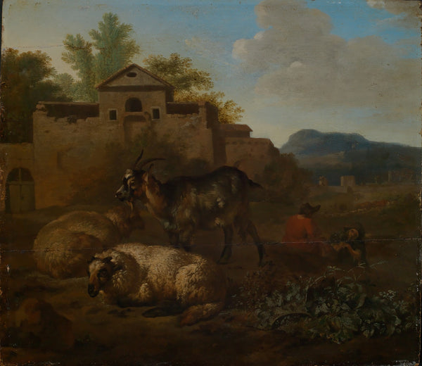 Ziege und Schafe mit musizierenden Hirten in Landschaft 1663