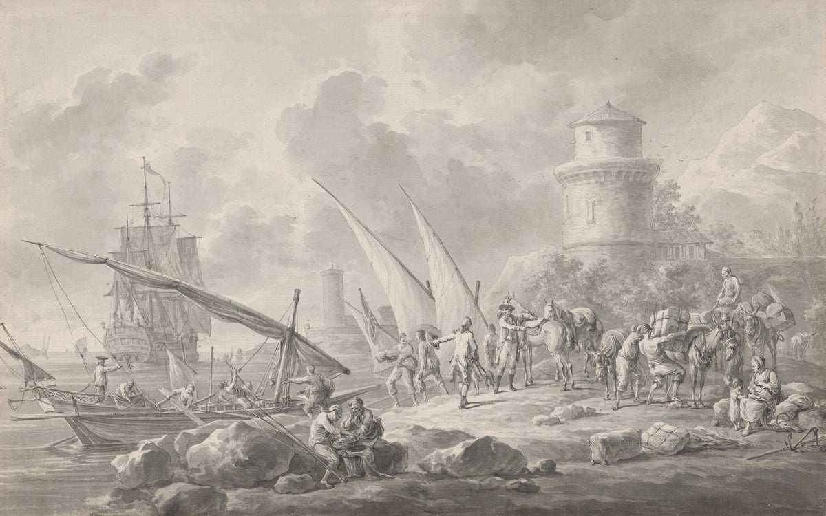 Soldiers Loading Barges for a Large Sailing Ship Along the Coast 1784