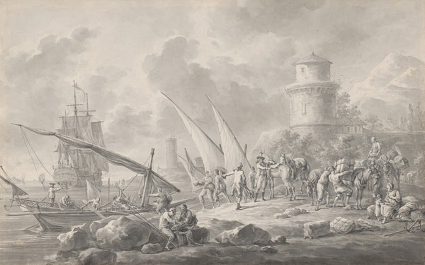 Soldiers Loading Barges for a Large Sailing Ship Along the Coast 1784
