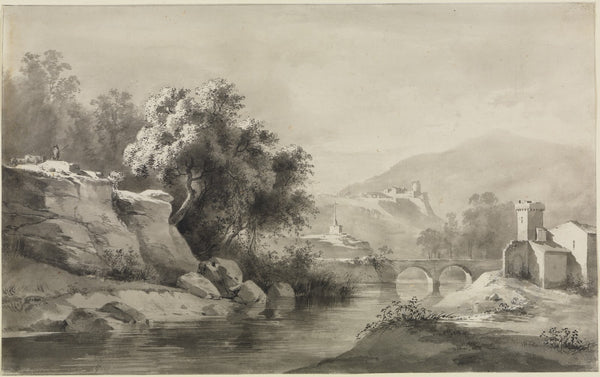 Flusslandschaft mit Doppelbogenbrücke und Kreuz 1795