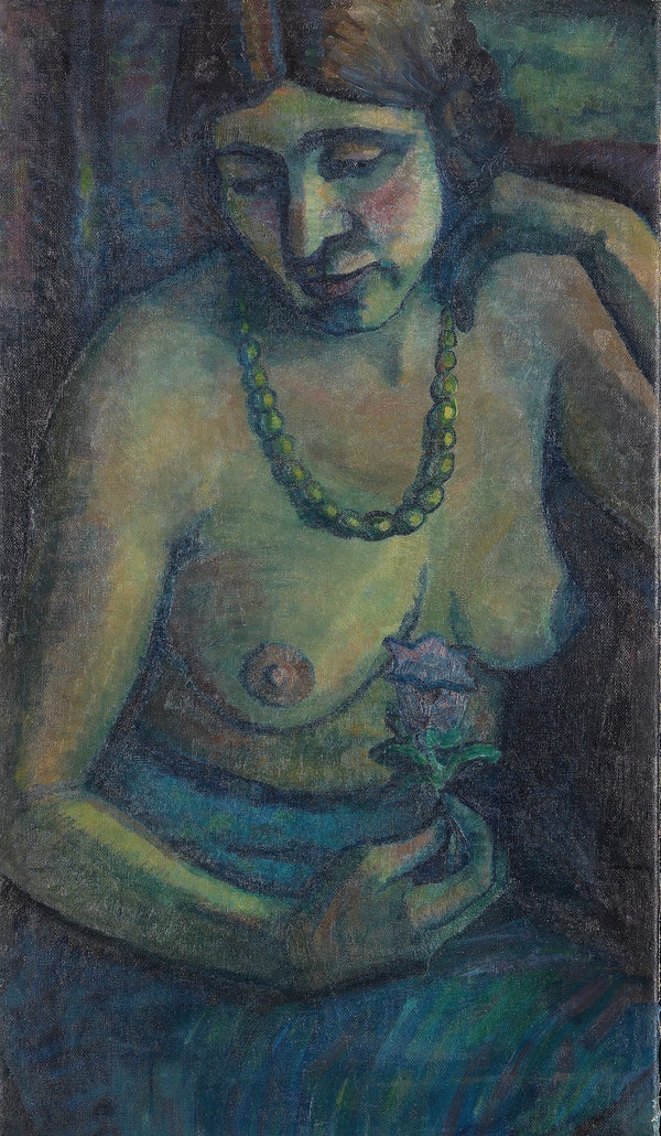 Selbstporträt in Blau Halbakt mit Perlenkette 1917 1922