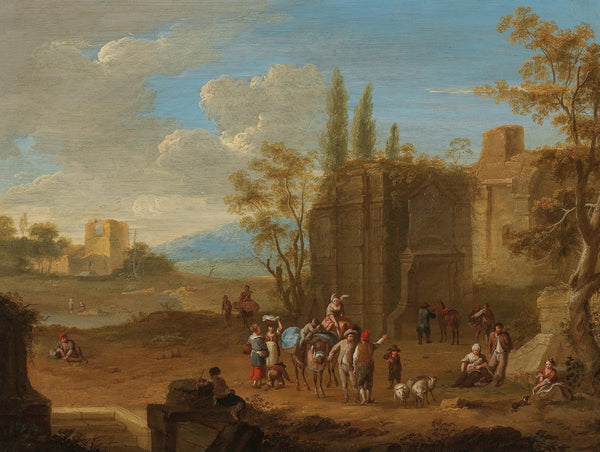 A landscape with travellers near Roman ruins