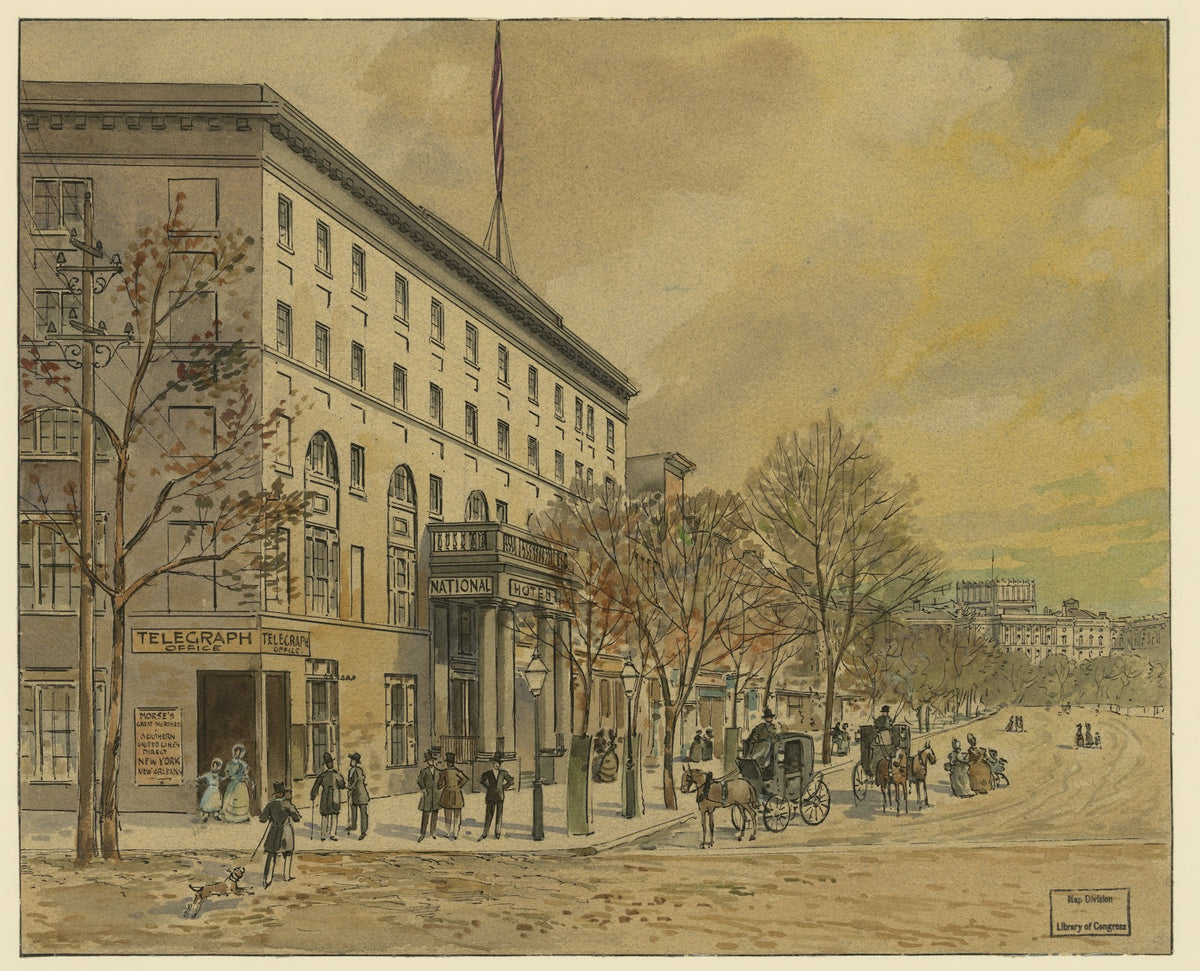 View of Washington looking down Pennsylvania Ave toward unfinished Capitol Natio