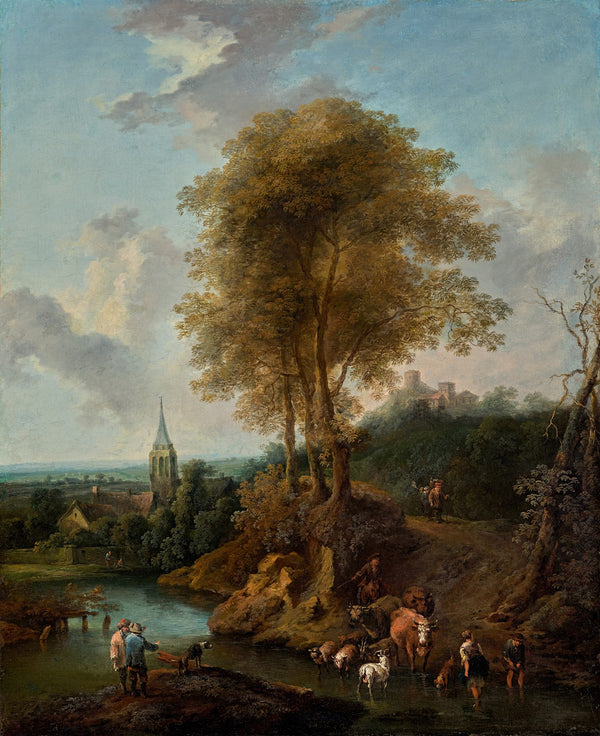 Landschaft mit drei Bäumen und Kirche 1746