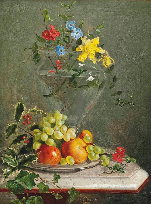 Holly ivy grapes apples and oranges in a bowl by a vase of flowers including daf