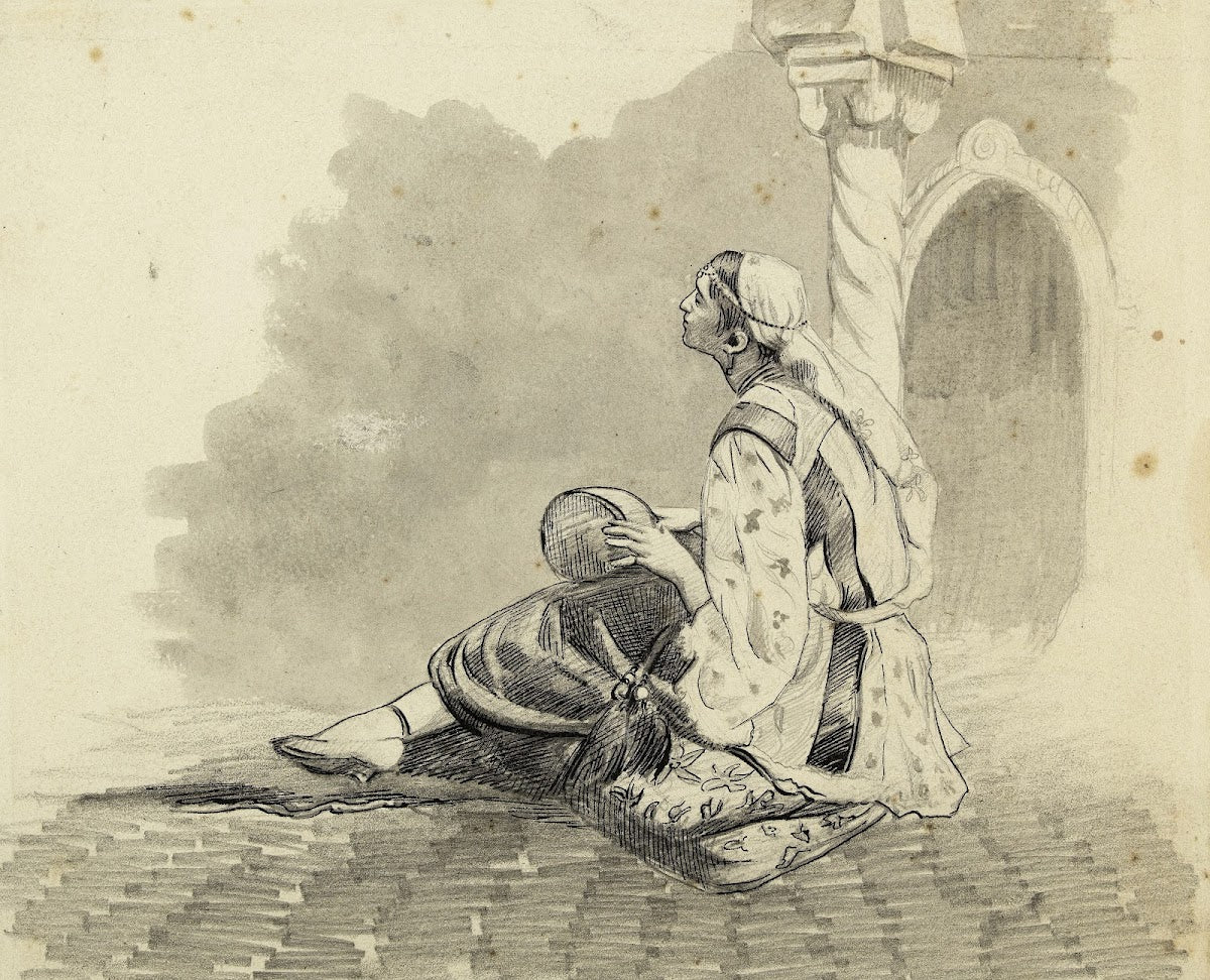 Femme mauresque assise devant une colonne torsadée